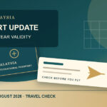 Original editorial illustration of a Malaysian passport and boarding pass at an airport check-in counter