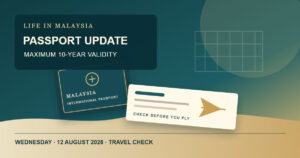 Original editorial illustration of a Malaysian passport and boarding pass at an airport check-in counter