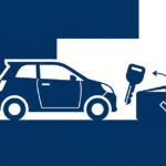 Flat navy icon illustration of a car next to a key and a wallet with a checkmark, symbolizing SOCAR car-sharing ending and wallet refunds