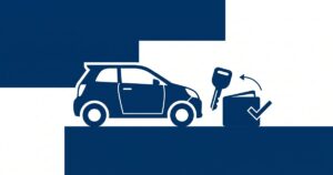 Flat navy icon illustration of a car next to a key and a wallet with a checkmark, symbolizing SOCAR car-sharing ending and wallet refunds