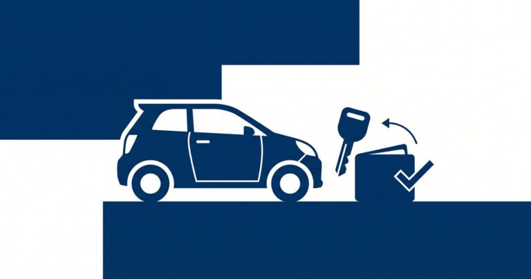 Flat navy icon illustration of a car next to a key and a wallet with a checkmark, symbolizing SOCAR car-sharing ending and wallet refunds