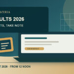 Original editorial illustration of a Malaysian student checking UPU university application results on a laptop