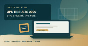 Original editorial illustration of a Malaysian student checking UPU university application results on a laptop